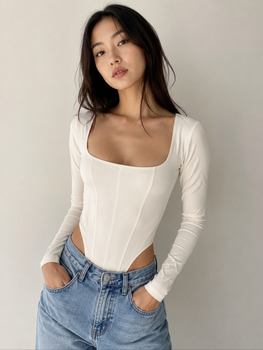 ❤️ HOUSE OF HARLOW 1960 SQUARE NECK CORSET THONG BODYSUIT, IVORY, MEDIUM